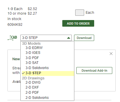 Selecting a 3D model format on mcmaster.com