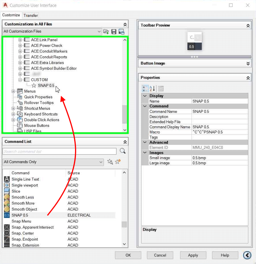 Dragging the command to the custom toolbar in AutoCAD's Customize User Interface dialog