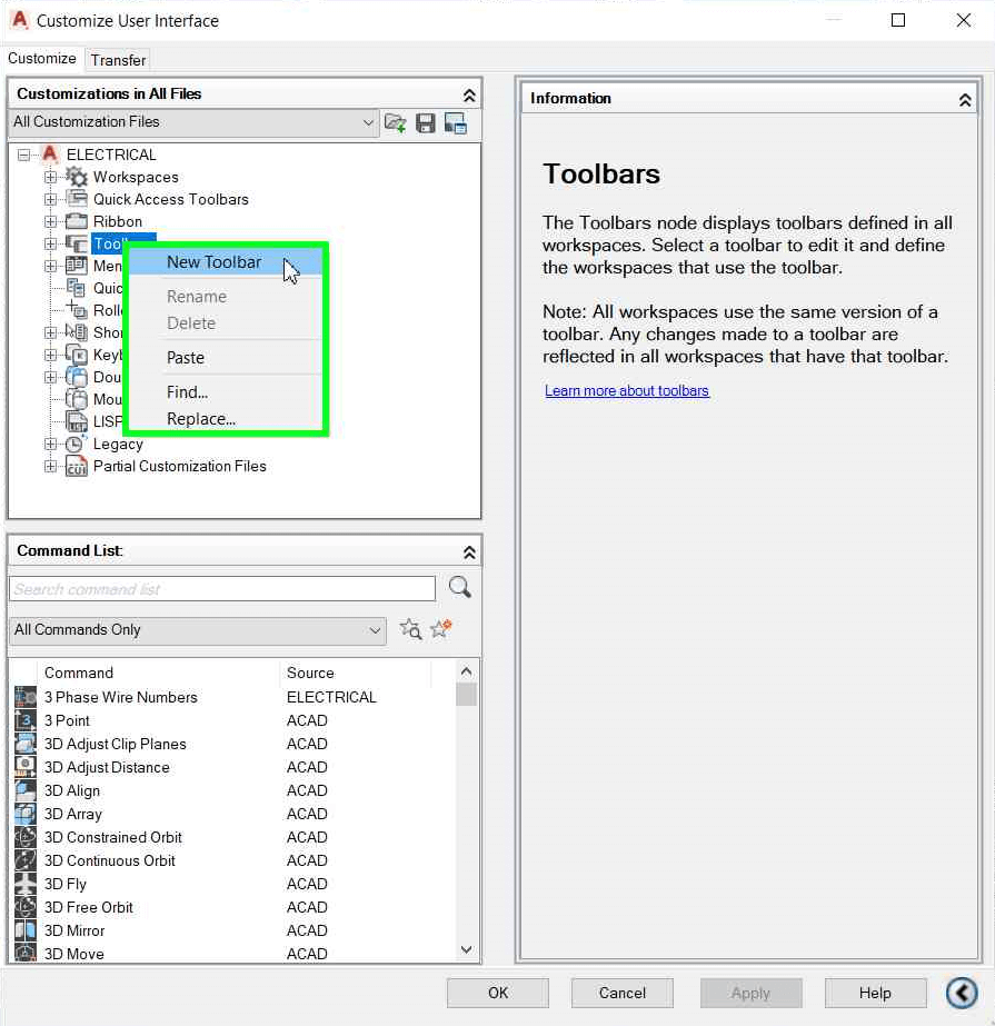 Creating a New Toolbar in AutoCAD's Customize User Interface dialog