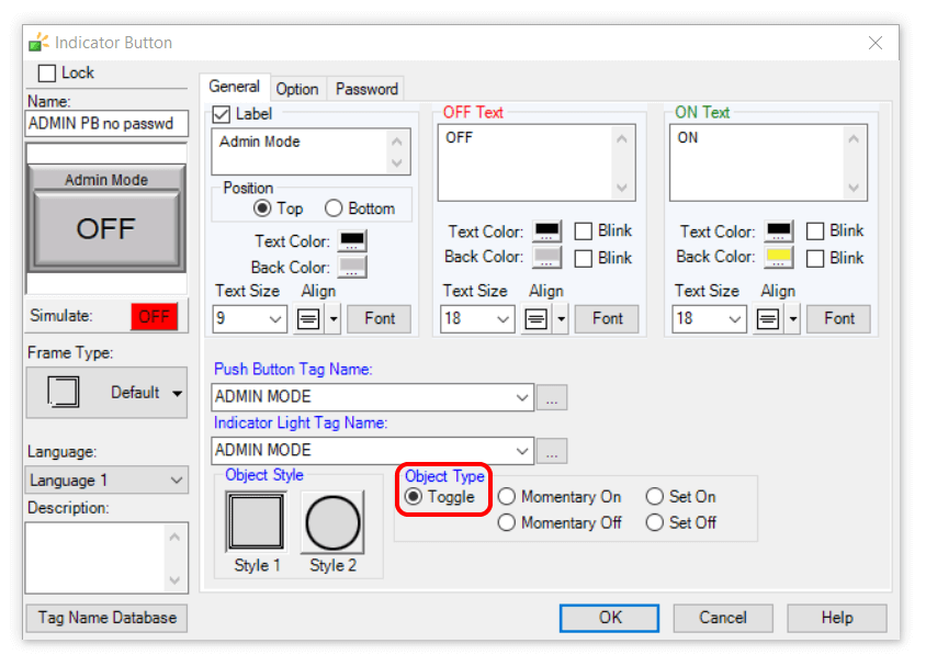 The General tab of the Indicator Button dialog.