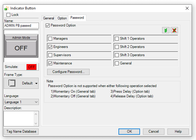 Setting the Password Option on the Password tab of the Indicator Button dialog.