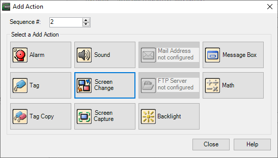 Add Action dialog with Screen Change action selected in C-more Programming Software