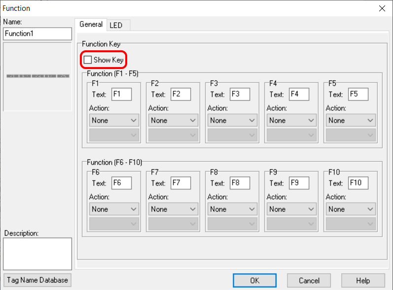 The dialog for the C-more micro Function object with the Show Key checkbox cleared