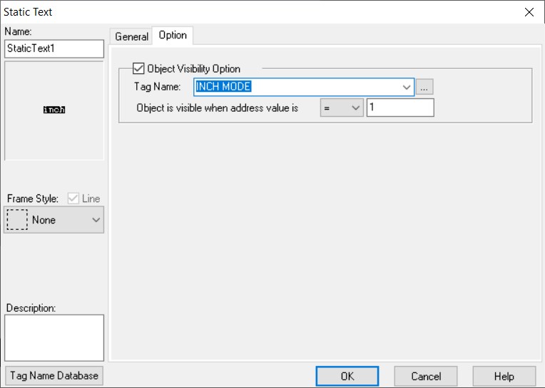 The settings on the Option tab of the Static Text object used as part of a dynamic function key label