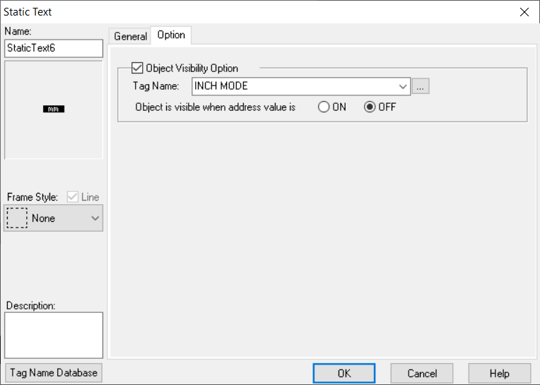 The Static Text object for the "mm" function key label