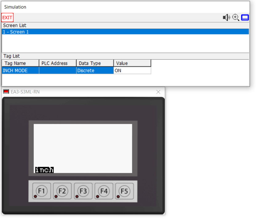 The Simulation dialog and simulated screen where the "inch" or "mm" function key label is displayed per INCH MODE