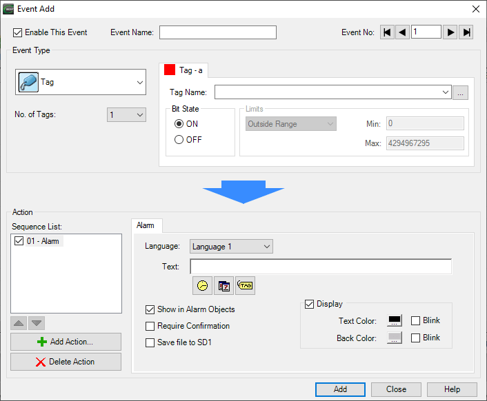 Event Add dialog in C-more Programming Software