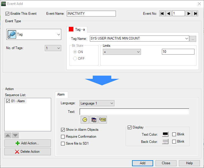 Event Add dialog for the INACTIVITY timer event in C-more Programming Software, with the trigger defined as SYS USER INACTIVE MIN COUNT = 10