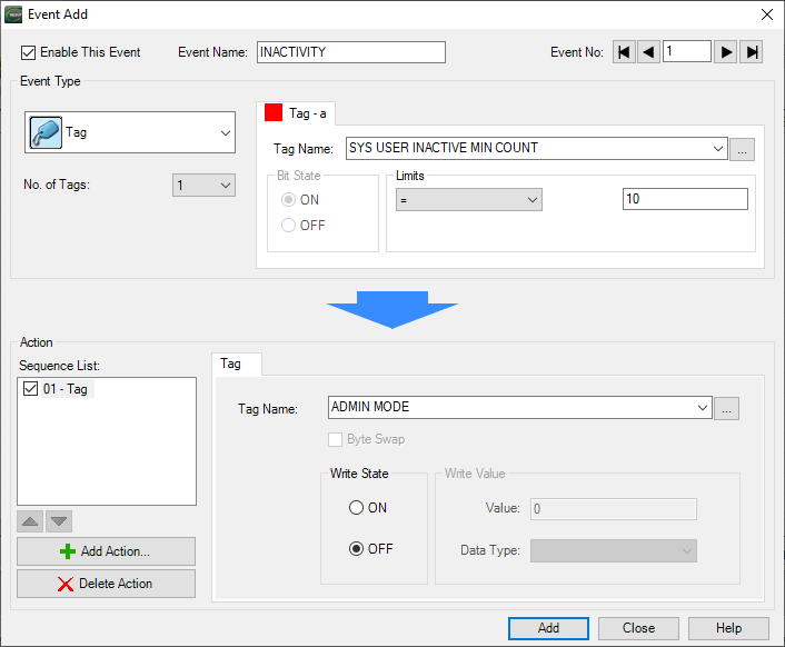 Event Add dialog for the INACTIVITY timer event in C-more Programming Software