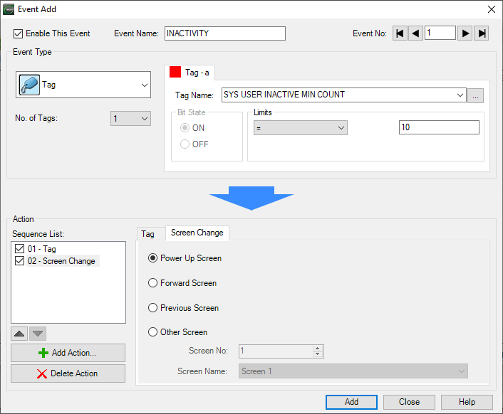 Event Add dialog for the INACTIVITY timer event in C-more Programming Software with the Screen Change to Power Up Screen action specified