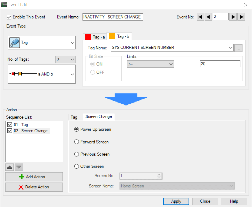 Event Add dialog for the INACTIVITY - SCREEN CHANGE event in C-more Programming Software with Tag-b defined as SYS CURRENT SCREEN NUMBER >= 20 and Screen Change action set to Power Up Screen