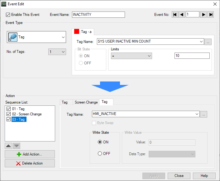 Event Add dialog in C-more Programming Software with a Tag action setting HMI_INACTIVE tag to ON