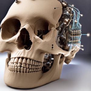 A human skull with embedded circuitry