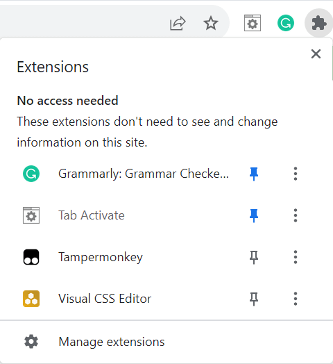 Chrome browser extension listing after clicking the puzzle piece icon