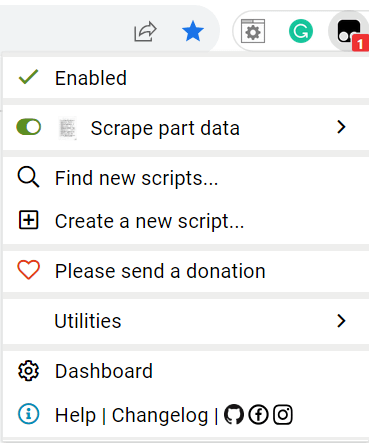 The Tampermonkey browser extension menu
